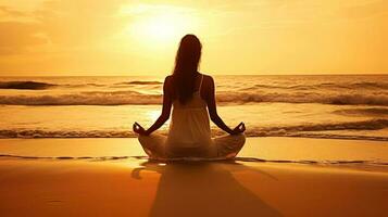 mujer meditar, yoga. psíquico mujer considera mente y corazón. espiritualidad, esoterismo, con bokeh desenfocado luces. universo, generativo ai ilustración foto