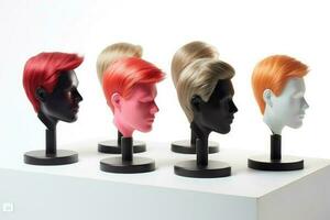 Hair wig over the plastic mannequin head isolated over the white background, mockup featuring contemporary men's hairstyles, Generative AI illustration photo