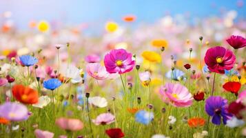 Nature floral background in early summer. Colorful natural spring landscape with with flowers, soft selective focus, Generative AI illustration photo