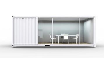 Interior of mobile container site office for construction site. Shipping container. Portable house and office cabins, illustration photo