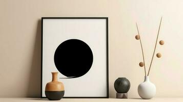 Stylish living room interior design with mock up poster frame, creative home accessories. Home staging. Copy space, Generative AI illustration photo