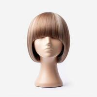 Hair wig over the plastic mannequin head isolated over the white background, mockup featuring contemporary women's hairstyles, Generative AI illustration photo