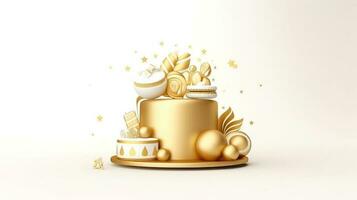 3d illustration of gold cute birthday cake, Sweet cake for a surprise birthday, for anniversary and celebration ,mother day, Valentine day, cake, cupcake, Generative AI illustration photo