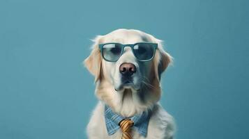 Photo of haughty golden retriever dog using sunglasses  and office suit on white background