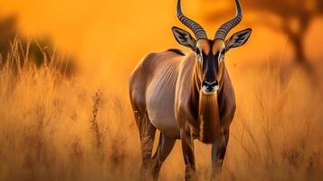 Photo of Hartebeest on savanna at sunset. Generative AI