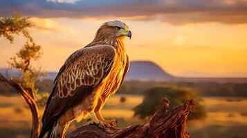 Photo of Tawny Eagle on savanna at sunset. Generative AI