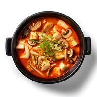 Food photography of Sundubu jjigae on bowl isolated on white background. Generative AI photo