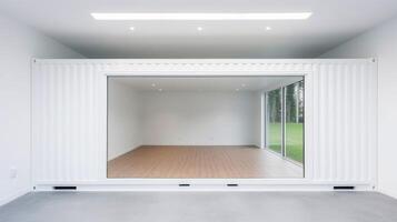 Interior of mobile container site office for construction site. Shipping container. Portable house and office cabins, illustration photo