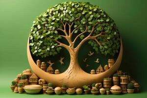 Ecosystem restoration, environment day concept tree background. Recycle icon paper cut banner with forest. Ecology project concept, illustration photo