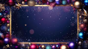 Christmas border frame card template with dark background, concept with festive ornaments.composition with copy-space, illustration photo