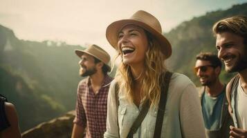 Group of happy friends and laughing, tourism, travel, people sharing good and positive mood, backpack camping hiking journey travel trek concept, with blurred background, Generative AI illustration photo