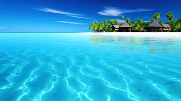 Illustration image, beach scene with crystal-clear turquoise waters, powdery white sand, palm leaves, sparkling waves and blue sunny sky, with copy space, illustration photo