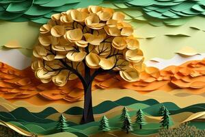 Ecosystem restoration, environment day concept tree background. Recycle icon paper cut banner with forest. Ecology project concept, illustration photo