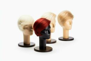 Hair wig over the plastic mannequin head isolated over the white background, mockup featuring contemporary men's hairstyles, Generative AI illustration photo