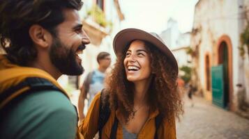 Group of happy friends and laughing, tourism, travel, people sharing good and positive mood, backpack camping hiking journey travel trek concept, with blurred background, Generative AI illustration photo