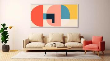Stylish living room interior design with mock up poster frame, creative home accessories. Home staging. Copy space, illustration photo