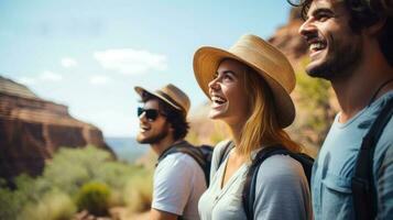 grupo de contento amigos y reír, turismo, viajar, personas compartiendo bueno y positivo ánimo, mochila cámping excursionismo viaje viaje emigrar concepto, con borroso fondo, generativo ai ilustración foto