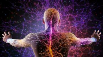 Illustration of thought energy . Head of person and neural network of brain with a problematic areas, Psychic waves concept, Generative AI illustration photo