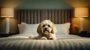 Lhasa apso dog lying on bed in hotel with contemporary interior design. Generative AI photo