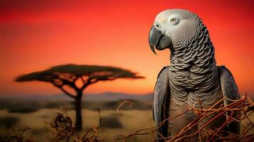 Photo of African Grey Parrot on savanna at sunset. Generative AI