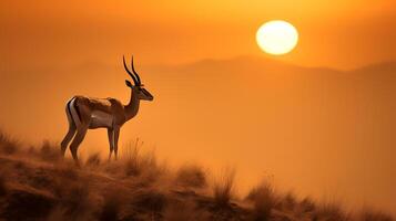 Photo of Grants Gazelle on savanna at sunset. Generative AI