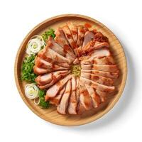 Food photography of Samgyeopsal on plate isolated on white background. photo