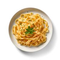 Photo of Fettuccine on plate  isolated on white background. Created by Generative AI