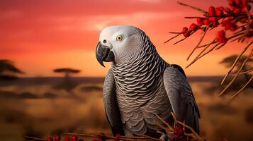 Photo of African Grey Parrot on savanna at sunset. Generative AI