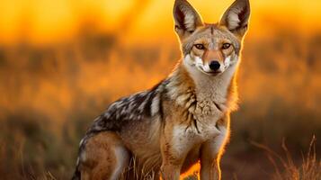 Photo of Black Backed Jackal on savanna at sunset. Generative AI