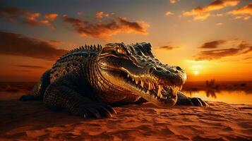 foto de cocodrilo en sabana a puesta de sol. generativo ai