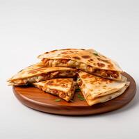 Photo of Chicken Quesadilla on wooden board isolated on white background. Created by Generative AI