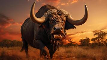 Photo of african buffalow on savanna at sunset. Generative AI