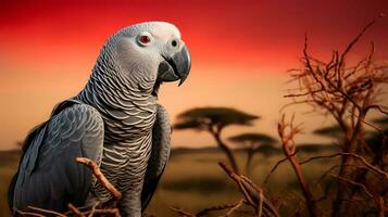 Photo of African Grey Parrot on savanna at sunset. Generative AI