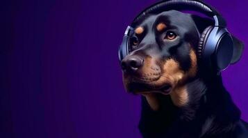 Photo of dachshund using headphone  on purple background. Generative AI