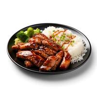 Food photography of Teriyaki Chicken on plate isolated on white background. Generative AI photo