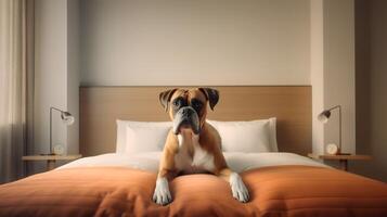 boxer dog lying on bed in hotel with contemporary interior design. Generative AI photo