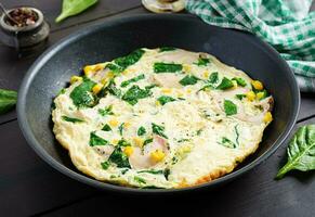 Protein omelet with chicken roll, spinach and corn. Frittata. Keto, paleo diet photo