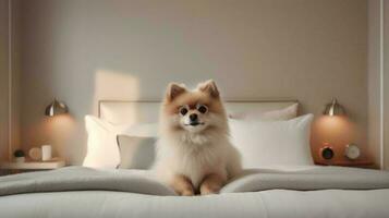 Pomeranian dog lying on bed in hotel with contemporary interior design. Generative AI photo