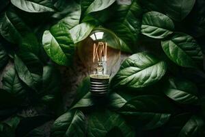 eléctrico ligero bulbo en un blanco antecedentes con verde hojas, generativo ai. foto