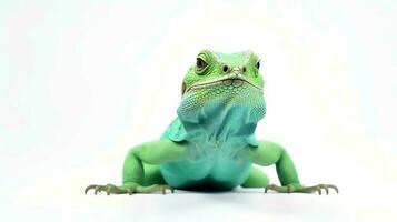 Photo of a green iguana on white background. Generative AI