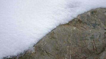 Snow Layers Accumulating on Rock in the Hard Stormy Cold Weather in Winter video