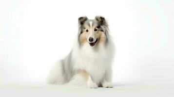 Photo of a rough collie on white background. Generative AI