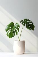 Photo of monstera in minimalist pot as houseplant for home decoration isolated on white background. Generative AI