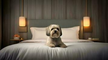 Lhasa apso dog lying on bed in hotel with contemporary interior design. Generative AI photo