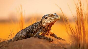 Photo of Nile Monitor on savanna at sunset. Generative AI