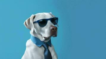 Photo of haughty labrador retriever dog using sunglasses  and office suit on white background. Generative AI