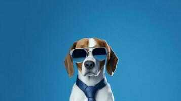 Photo of haughty Beagle using sunglasses  and office suit on white background. Generative AI