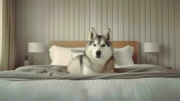 Siberian husky dog lying on bed in hotel with contemporary interior design. Generative AI photo