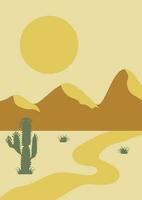 Aesthetic minimalist desert landscape with cactus and mountains vector