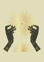 Golden shining star in hand illustration poster. Outer space printed wall art. vector